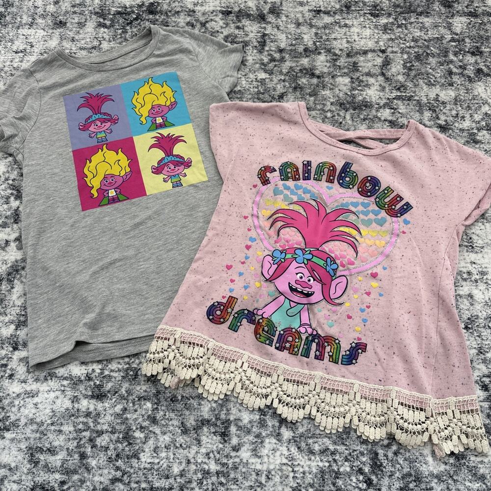 Poppy Trolls Girls shirt Lot Size 7/8 & 14/16 Blouse Top Pink Gray Lace Rainbow